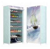 Suport pantofi, incaltaminte, dulap modern, 21 perechi, 7 rafturi, cadru otel, invelis textil, albastru cu barca