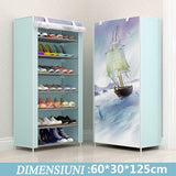Suport pantofi, incaltaminte, dulap modern, 21 perechi, 7 rafturi, cadru otel, invelis textil, albastru cu barca - BUZ.RO