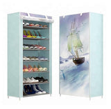 Suport pantofi, incaltaminte, dulap modern, 21 perechi, 7 rafturi, cadru otel, invelis textil, albastru cu barca - BUZ.RO