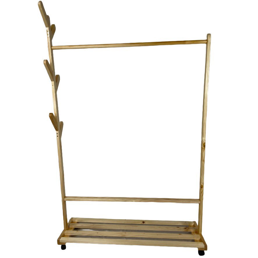 Suport pentru umerase si cuier lateral din lemn, pentru haine, genti, palarii, umbrele, suporta 60 kg, 100 x 160 x 35 cm, bej - BUZ.RO