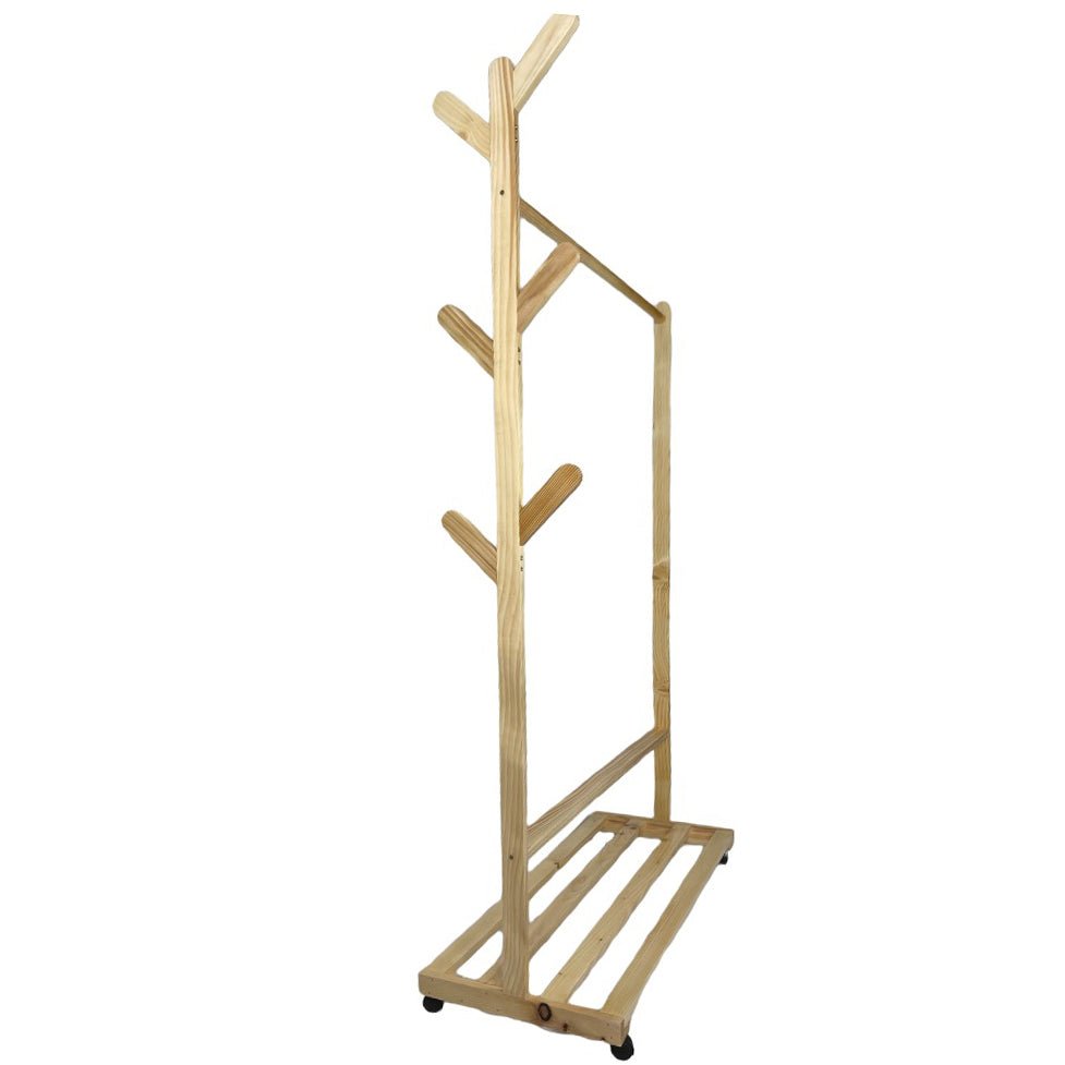 Suport pentru umerase si cuier lateral din lemn, pentru haine, genti, palarii, umbrele, suporta 60 kg, 100 x 160 x 35 cm, bej - BUZ.RO