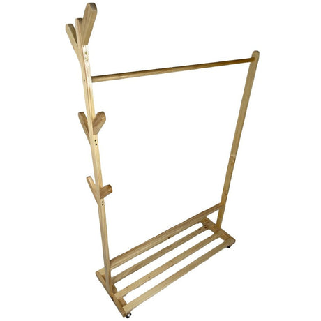 Suport pentru umerase si cuier lateral din lemn, pentru haine, genti, palarii, umbrele, suporta 60 kg, 100 x 160 x 35 cm, bej - BUZ.RO