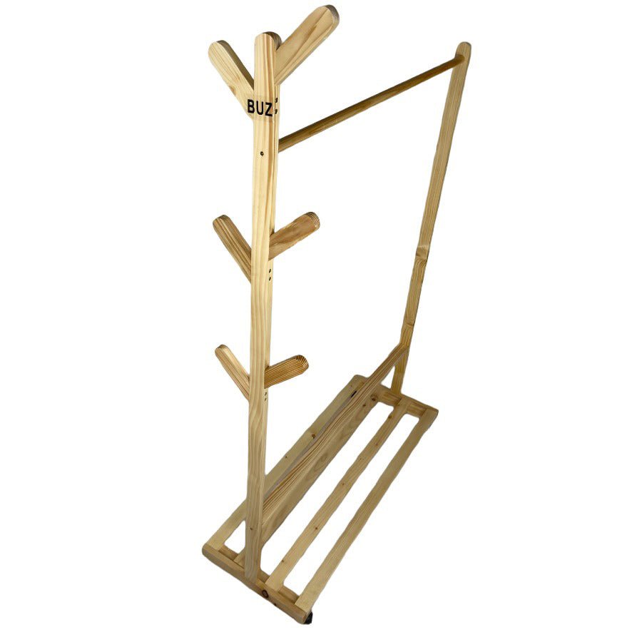 Suport pentru umerase si cuier lateral din lemn, pentru haine, genti, palarii, umbrele, suporta 60 kg, 100 x 160 x 35 cm, bej - BUZ.RO