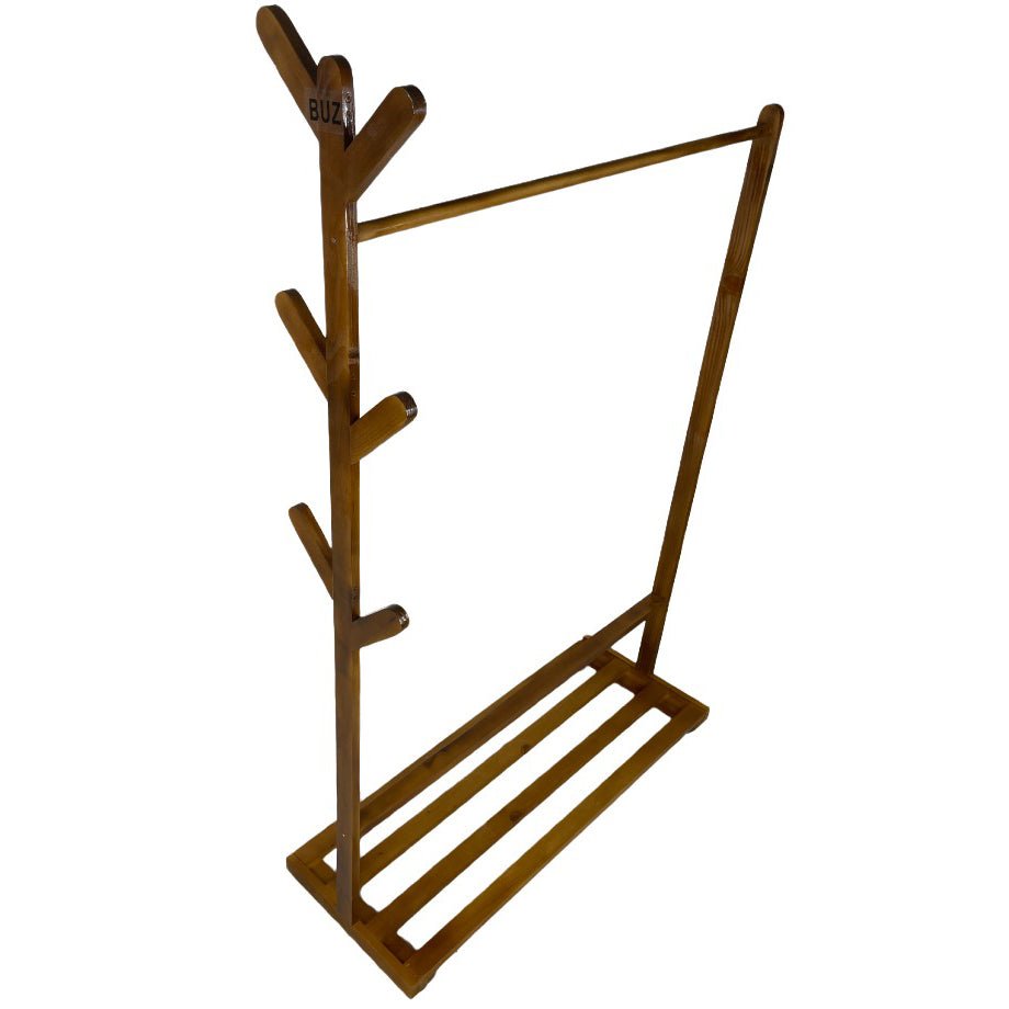 Suport pentru umerase si cuier lateral din lemn, pentru haine, genti, palarii, umbrele, suporta 60 kg, 100 x 160 x 35 cm, maro - BUZ.RO