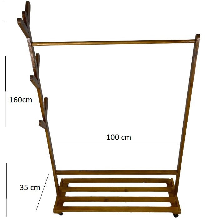 Suport pentru umerase si cuier lateral din lemn, pentru haine, genti, palarii, umbrele, suporta 60 kg, 100 x 160 x 35 cm, maro - BUZ.RO