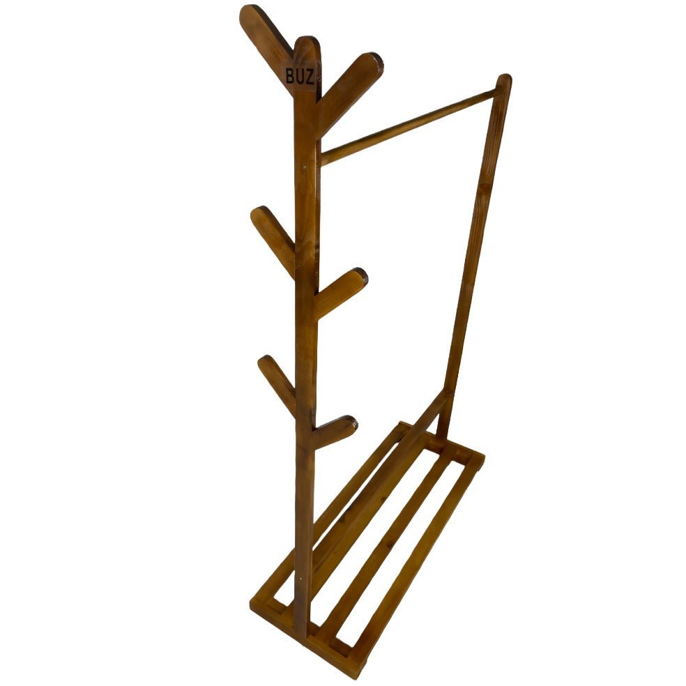 Suport pentru umerase si cuier lateral din lemn, pentru haine, genti, palarii, umbrele, suporta 60 kg, 100 x 160 x 35 cm, maro - BUZ.RO