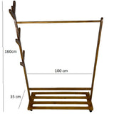 Suport pentru umerase si cuier lateral din lemn, pentru haine, genti, palarii, umbrele, suporta 60 kg, 100 x 160 x 35 cm, maro - BUZ.RO