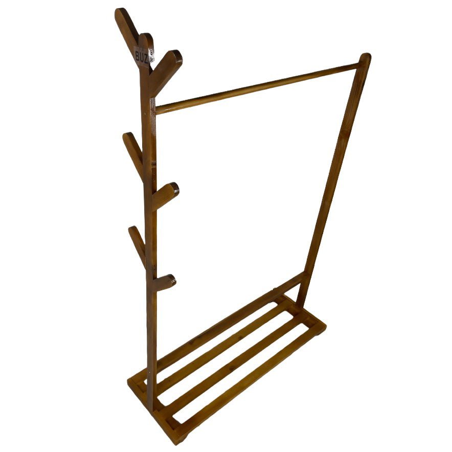 Suport pentru umerase si cuier lateral din lemn, pentru haine, genti, palarii, umbrele, suporta 60 kg, 100 x 160 x 35 cm, maro - BUZ.RO