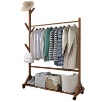 Suport pentru umerase si cuier lateral din lemn, pentru haine, genti, palarii, umbrele, suporta 60 kg, 100 x 160 x 35 cm, maro