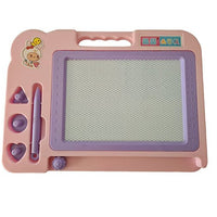 Tablita magnetica, cu stilou, 3 stampile magnetice diferite, cerc, triunghi si inimioara, bara ce sterge scrisul, dimensiune 27x20, culoare roz