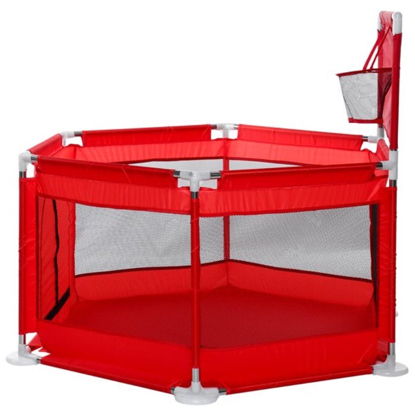 Tarc copii, hexagonal, interior, exterior, cos basket inclus, pereti pentru siguranta, rosu, 125x112x65 cm - BUZ.RO