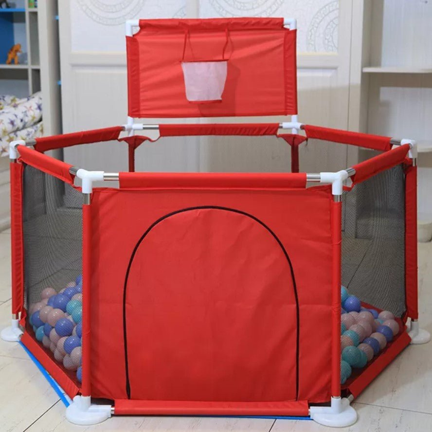 Tarc copii, hexagonal, interior, exterior, cos basket inclus, pereti pentru siguranta, rosu, 125x112x65 cm - BUZ.RO