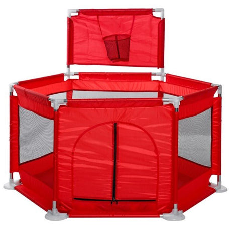 Tarc copii, hexagonal, interior, exterior, cos basket inclus, pereti pentru siguranta, rosu, 125x112x65 cm - BUZ.RO