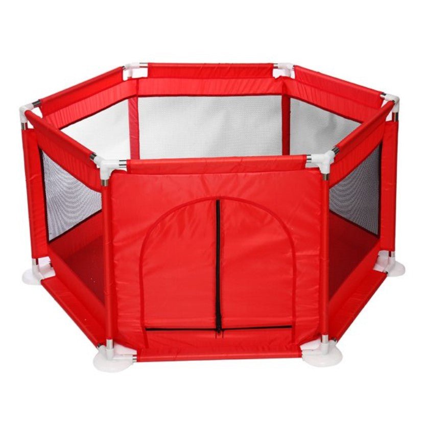 Tarc copii, hexagonal, interior, exterior, cos basket inclus, pereti pentru siguranta, rosu, 125x112x65 cm - BUZ.RO