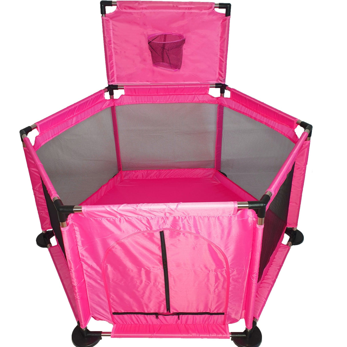 Tarc pentru copii hexagonal, pentru interior/exterior, cu cos de baschet, 30 bile incluse, roz, 125x112x65 cm, buz - BUZ.RO