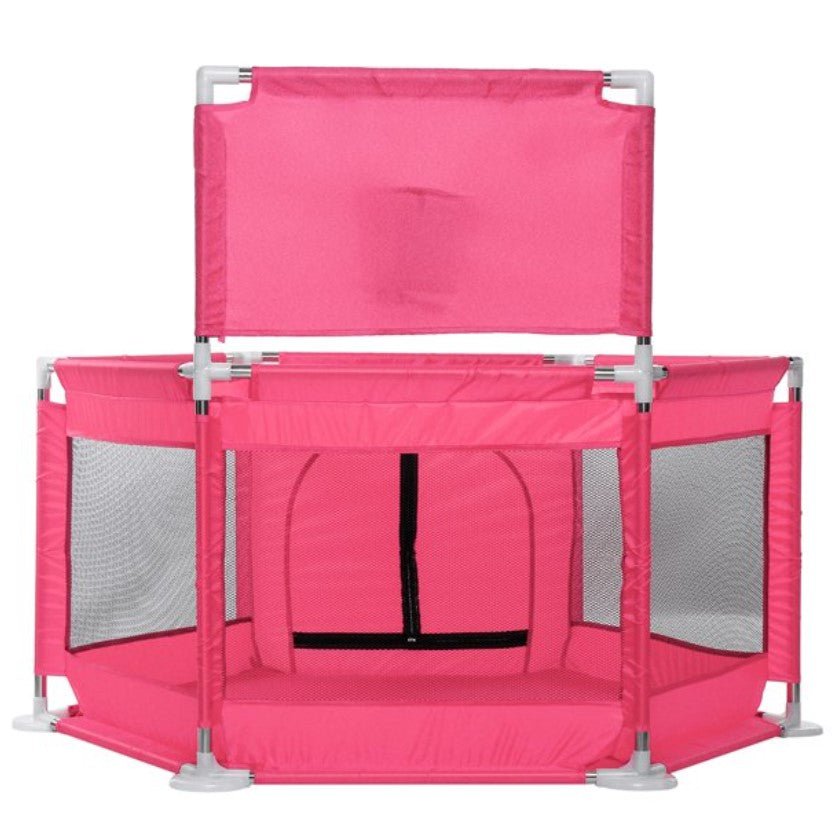 Tarc pentru copii hexagonal, pentru interior/exterior, cu cos de baschet, 30 bile incluse, roz, 125x112x65 cm, buz - BUZ.RO