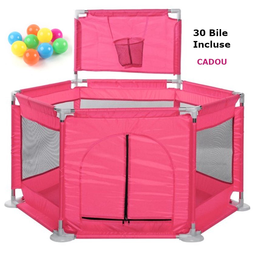 Tarc pentru copii hexagonal, pentru interior/exterior, cu cos de baschet, 30 bile incluse, roz, 125x112x65 cm, buz - BUZ.RO