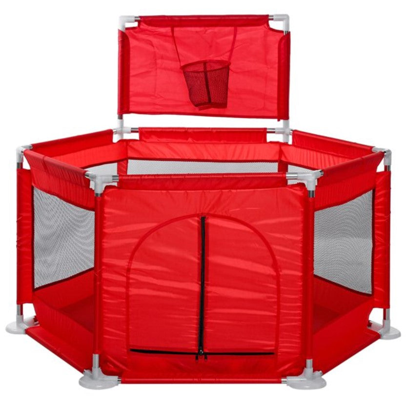 Tarc copii, hexagonal, interior, exterior, cos basket inclus, pereti pentru siguranta, rosu, 125x112x65 cm