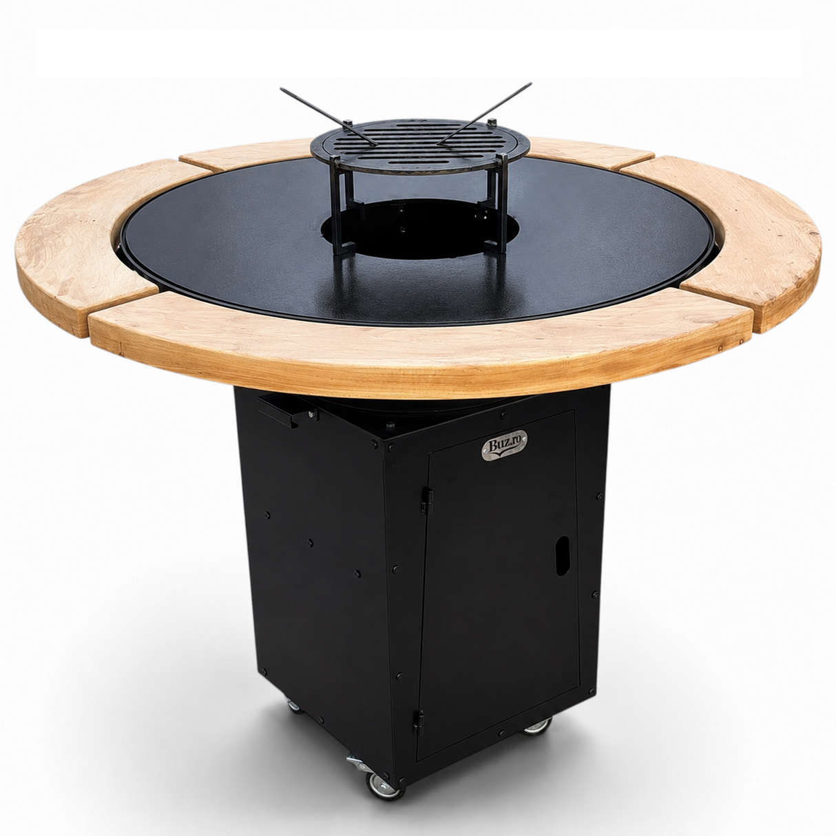 Gratar Rotund Gradina 127cm|diametru  Plita 95 cm| grosime 8/10 mm cu reglare tiraj si tavita cenusa blat de lemn