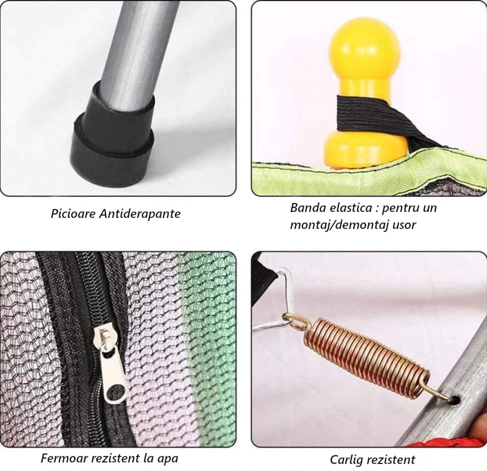 Trambulina copii, plasa de protectie textila, cadru metal, protectii spuma, protectii plastic ,interior , exterior ,greutate 200 kg