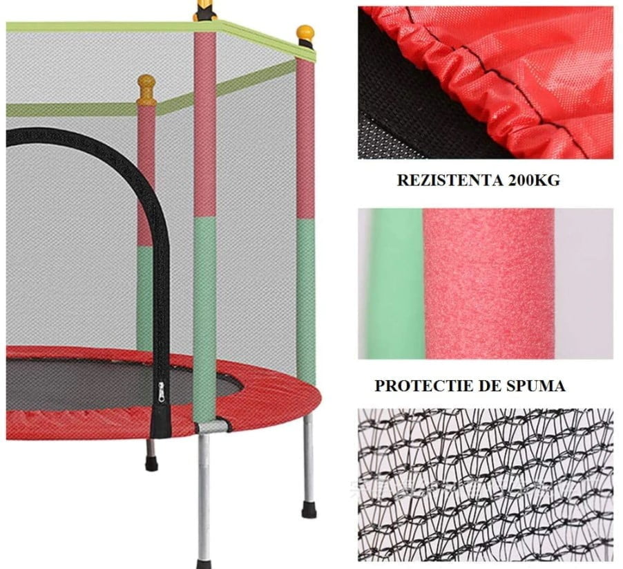Trambulina copii, plasa de protectie textila, cadru metal, protectii spuma, protectii plastic ,interior , exterior ,greutate 200 kg