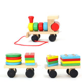 Trenulet lemn, jucarie educativa copii, Montessori, forme geometrice, multicolor, 31x5x8 cm