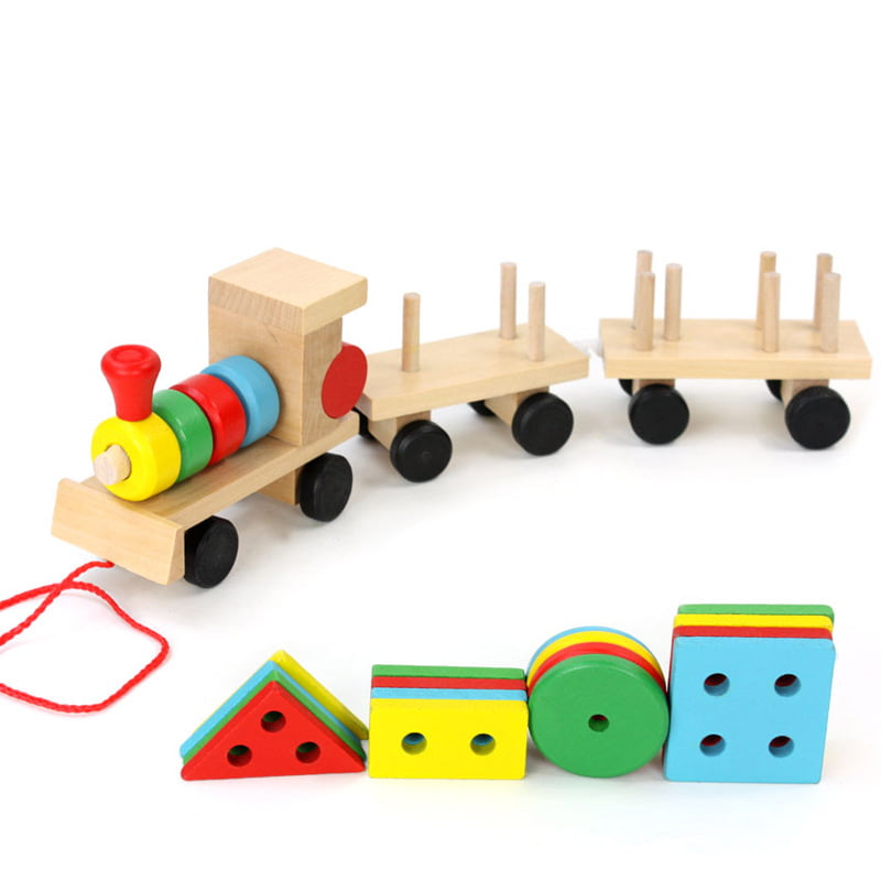 Trenulet lemn, jucarie educativa copii, Montessori, forme geometrice, multicolor, 31x5x8 cm