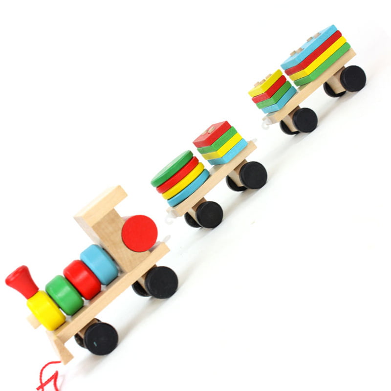 Trenulet lemn, jucarie educativa copii, Montessori, forme geometrice, multicolor, 31x5x8 cm
