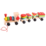Trenulet lemn, jucarie educativa copii, Montessori, forme geometrice, multicolor, 31x5x8 cm