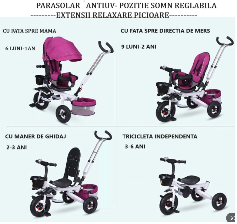 Tricicleta copii, cu copertina, scaun reversibil 360 grade, pozitie de somn, suport picioare, loc depozitare, mov - BUZ.RO