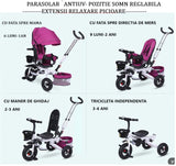 Tricicleta copii, cu copertina, scaun reversibil 360 grade, pozitie de somn, suport picioare, loc depozitare, mov - BUZ.RO