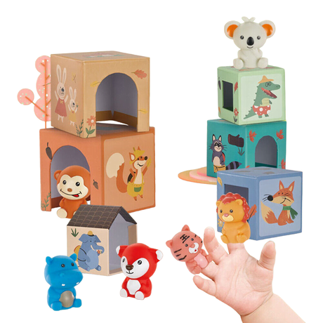 Turn Montessori, 6 cuburi din carton, cuburi stivuibile, cu forme, cifre si animale, 3 ani - BUZ.RO