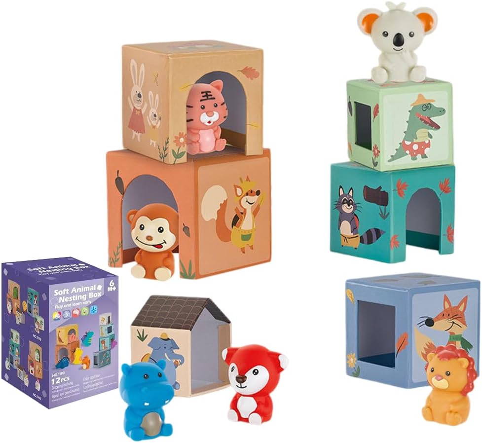 Turn Montessori, 6 cuburi din carton, cuburi stivuibile, cu forme, cifre si animale, 3 ani