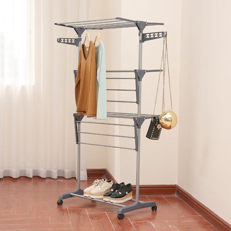 Uscator de rufe metalic, pliabil, cu suport de umerase pentru haine, raft pentru incaltaminte, 3 etaje, 170x 64 cm