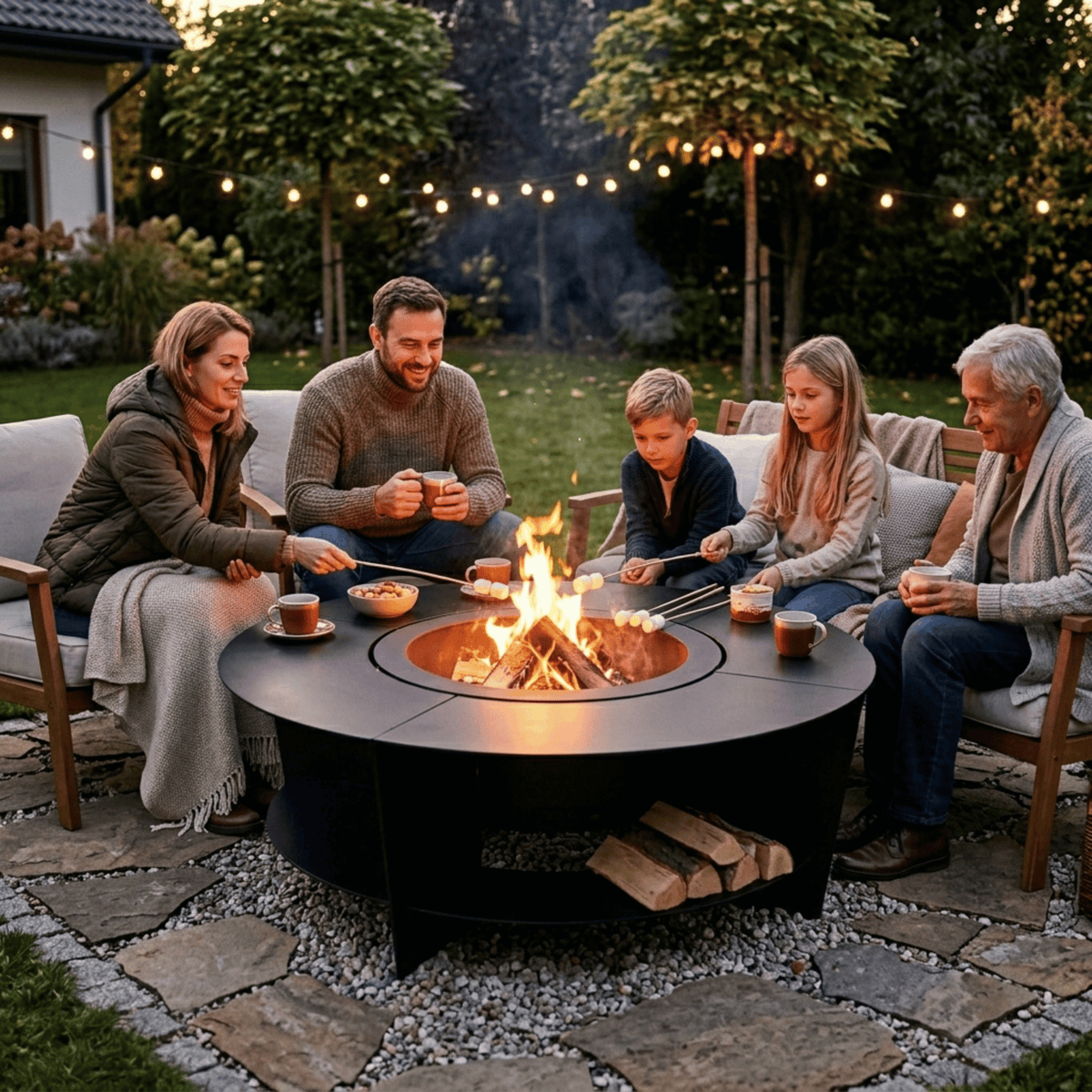 Vatra de Foc pentru Gradina Fire Pit cu Masa Rotunda Metalica si Suport pentru Lemne - BUZ.RO