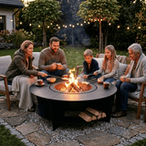 Vatra de Foc pentru Gradina Fire Pit cu Masa Rotunda Metalica si Suport pentru Lemne - BUZ.RO