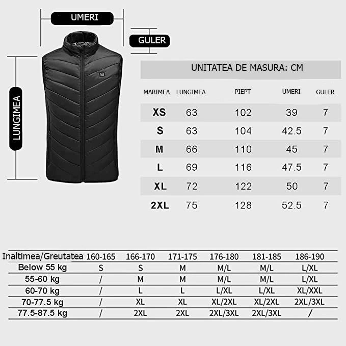 Vesta cu incalzire, 3 nivele temperatura, USB incorporat, XXXL, Unisex