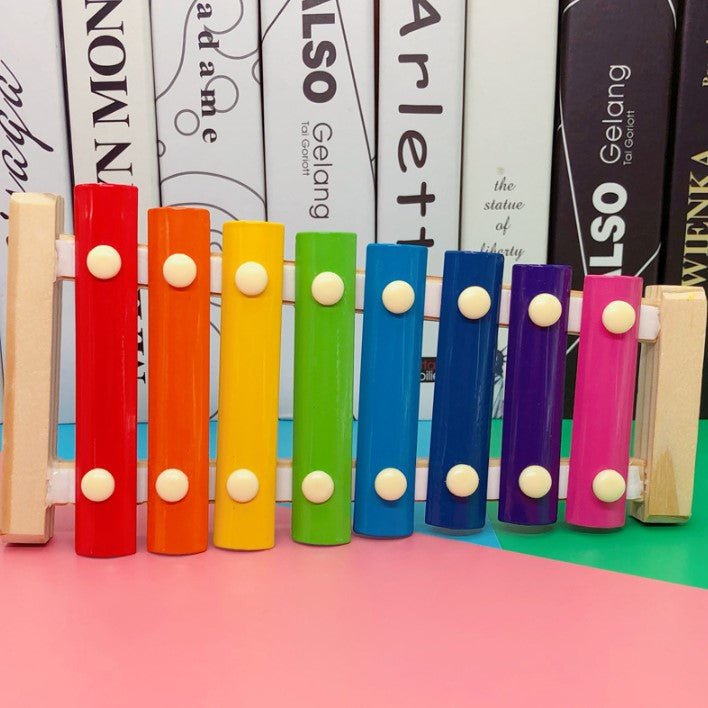 Xilofon copii, jucarie interactiva, jucarie educativa, 2 ciocanele, 8 note muzicale, din lemn, multicolora - BUZ.RO