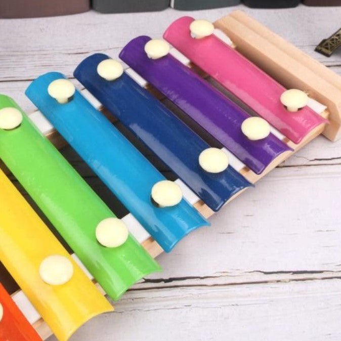 Xilofon copii, jucarie interactiva, jucarie educativa, 2 ciocanele, 8 note muzicale, din lemn, multicolora - BUZ.RO