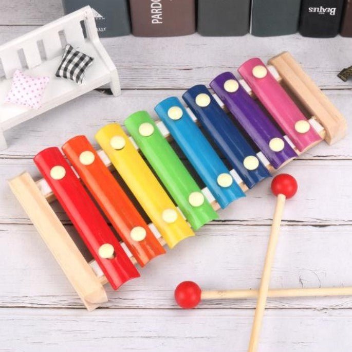 Xilofon copii, jucarie interactiva, jucarie educativa, 2 ciocanele, 8 note muzicale, din lemn, multicolora - BUZ.RO