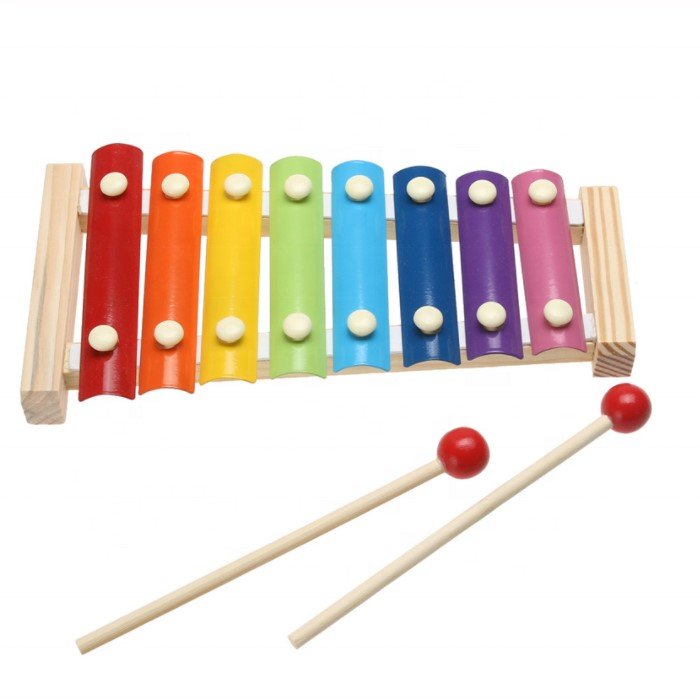 Xilofon copii, jucarie interactiva, jucarie educativa, 2 ciocanele, 8 note muzicale, din lemn, multicolora - BUZ.RO